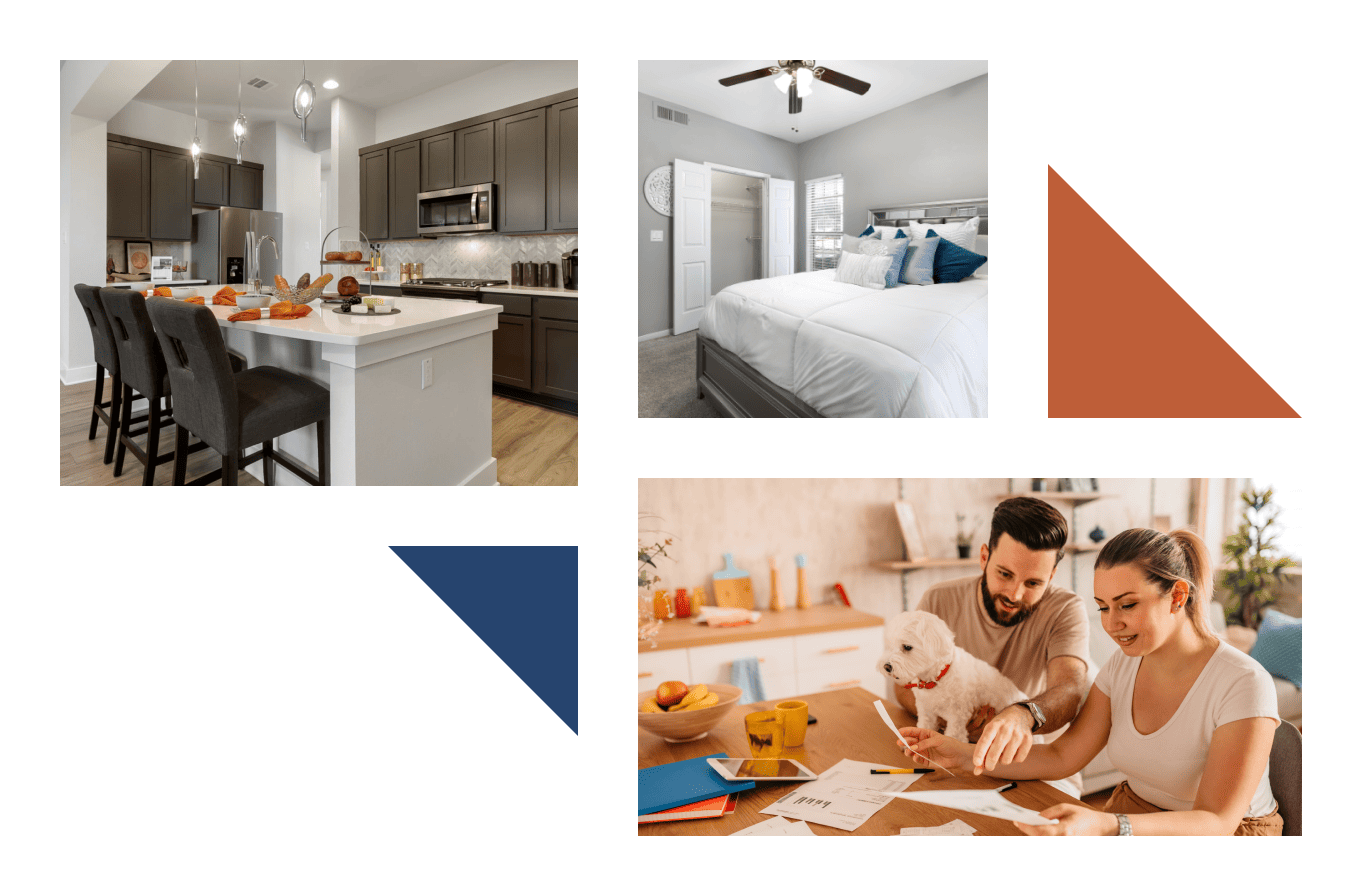 3 scenes playfully collaged together. Sequentially featuring a high-ceilinged, well-lit, large kitchen island, a medium-sized neutral-colored bedroom, and two people working together on a project. A small white dog is sitting on one of their laps.
