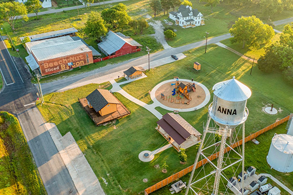 Aerial view of community neighborhood park and playground in Anna TX