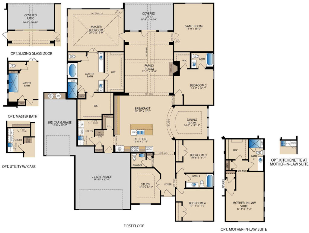 Layout of the Aberdeen II by Pacesetter Homes showing four bedrooms, two bathrooms, a three‑car garage, open‑concept kitchen and family room, study, game room, covered patio, and optional mother‑in‑law suite with kitchenette.