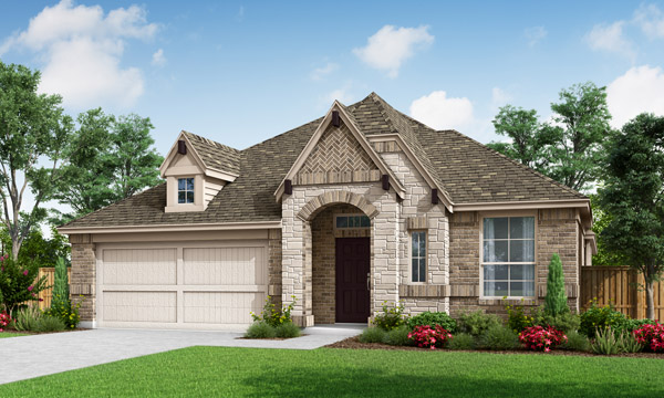 Front exterior rendering of the Addison II by Pacesetter Homes featuring a one‑story home with stone and brick façade, gabled roofline, landscaped front yard, and attached two‑car garage.