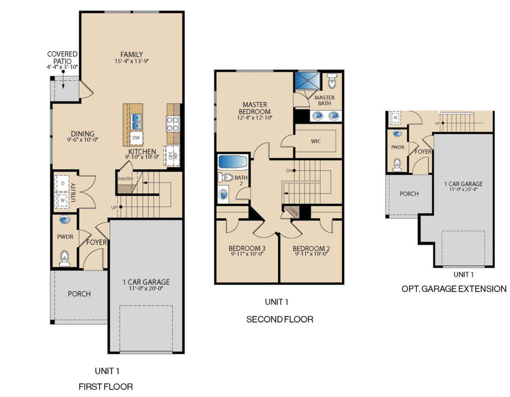 Two‑story townhome floor plan by Pacesetter Homes showing a first floor with open family room, kitchen with island and pantry, dining area, powder bath, covered patio, porch, and one‑car garage, plus a second floor with a primary bedroom and bath with walk‑in closet, two secondary bedrooms sharing a full bath, and an upstairs laundry closet, along with an optional garage extension layout.