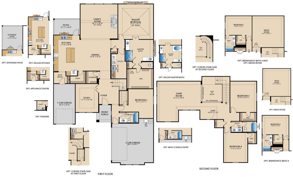 Preston two‑story floor plan with approximately 3,581 square feet, 4 bedrooms, 3 bathrooms, open‑concept family room, kitchen and dining area, private study, covered patio, upstairs loft and game room, and a 3‑car garage with optional layout configurations