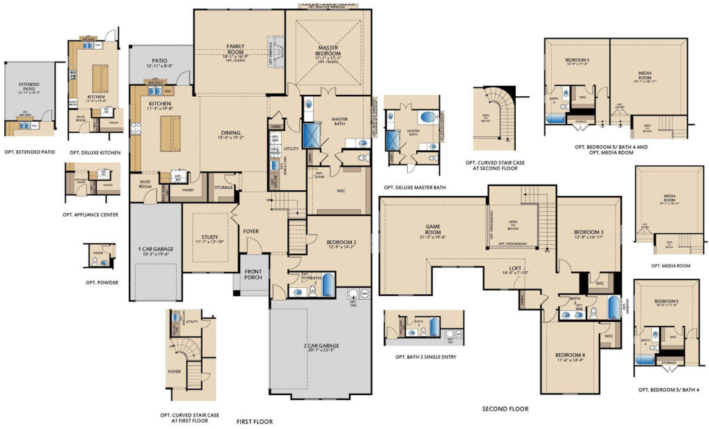 Preston two‑story floor plan with approximately 3,581 square feet, 4 bedrooms, 3 bathrooms, open‑concept family room, kitchen and dining area, private study, covered patio, upstairs loft and game room, and a 3‑car garage with optional layout configurations