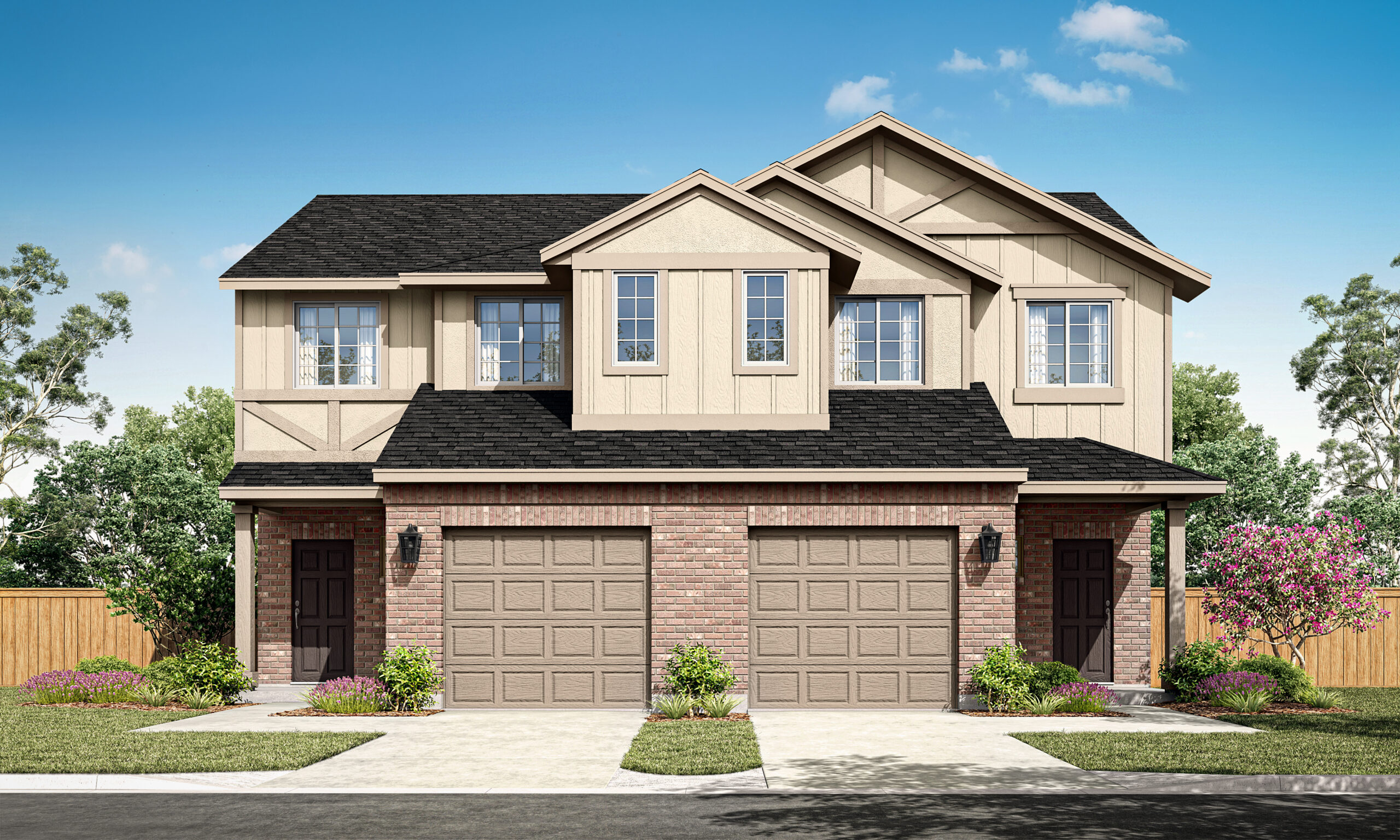 Shasta II A First Floor Brick 612 Roof. Shasta II two-story townhome floor plan with 4 bedrooms, 2.5 bathrooms, covered patio, and open living areas