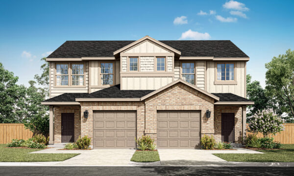 Shasta II C First Floor Brick 612 Roof. Shasta II two-story townhome floor plan with 4 bedrooms, 2.5 bathrooms, covered patio, and open living areas