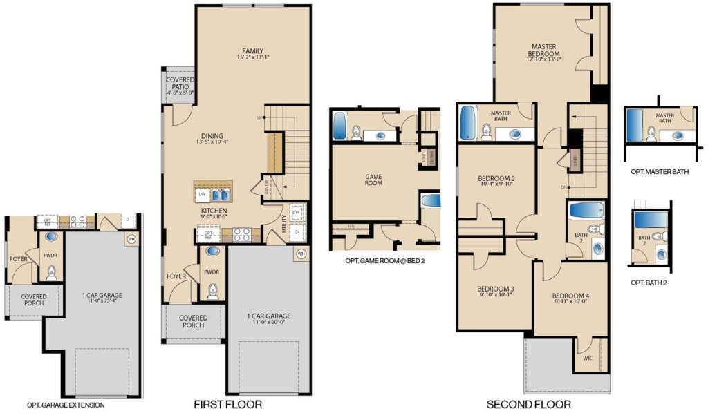 Shasta II two-story townhome floor plan with 4 bedrooms, 2.5 bathrooms, covered patio, and open living areas