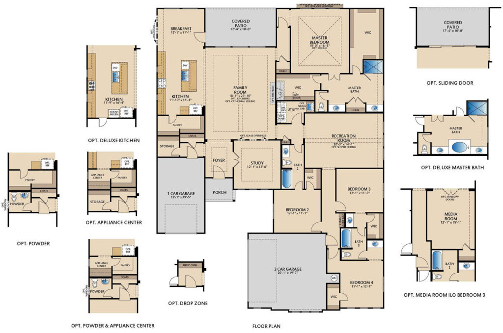 Valencia one-story floor plan with study, recreation room, covered patio, third-car garage, and primary suite with dual walk-in closets