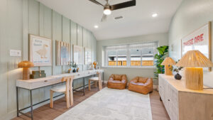 Flex room with desk and seating in the Rockwall floor plan at Clearview Ranch in Royse City, TX.