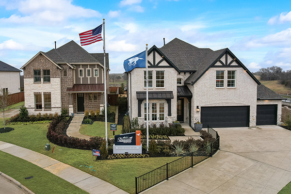 Aerial view of two model homes at La Terra at Uptown Celina