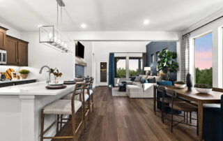 Open kitchen and living area with island seating and dining space