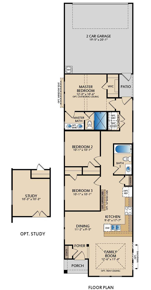 One‑story Alpine floor plan by Pacesetter Homes showing three bedrooms, two bathrooms, open‑concept family room, kitchen with dining area, walk‑in closets, covered patio, optional study, and attached two‑car garage.