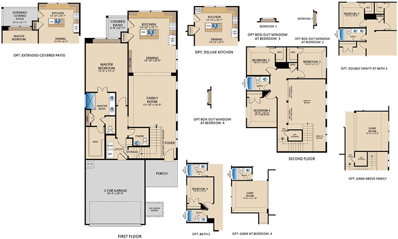 Two‑story Archer floor plan by Pacesetter Homes showing four bedrooms, two and a half bathrooms, open‑concept family room and dining area, downstairs primary suite, covered patio, attached two‑car garage, and optional game room and kitchen upgrades.
