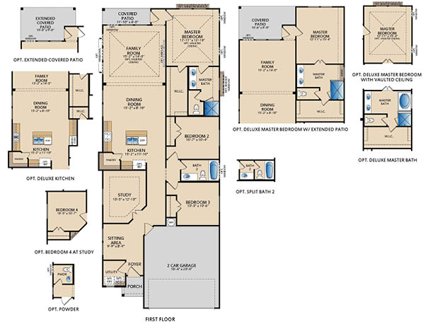 Belmont one-story floor plan with 3 bedrooms, 2 bathrooms, private study, sitting area, open living and dining spaces, and covered patio