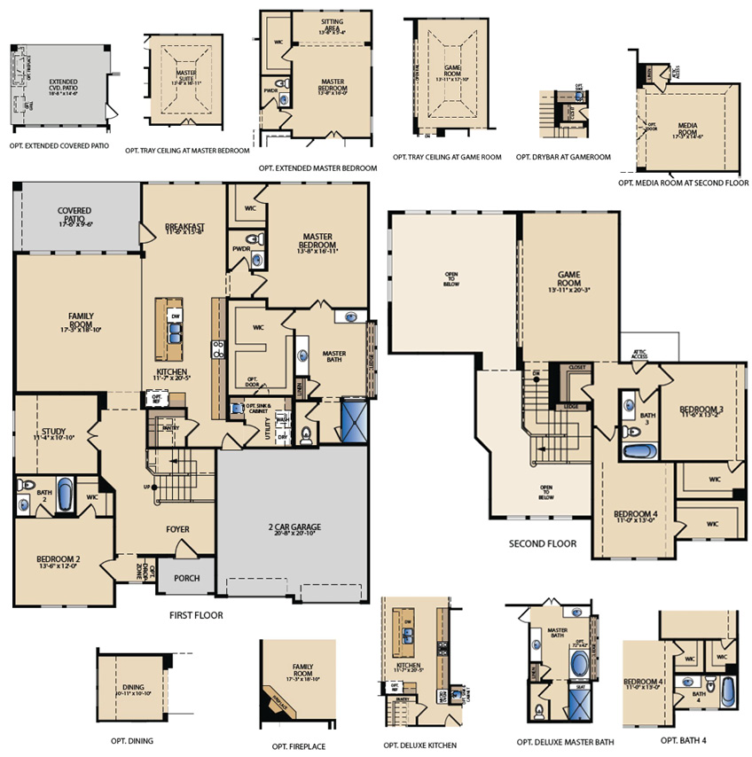 Two‑story Bingham floor plan by Pacesetter Homes showing four bedrooms, three and a half bathrooms, primary suite on the first floor, open‑concept kitchen with large island, study, breakfast area, covered patio, second‑floor game room, walk‑in closets, and attached two‑car garage.