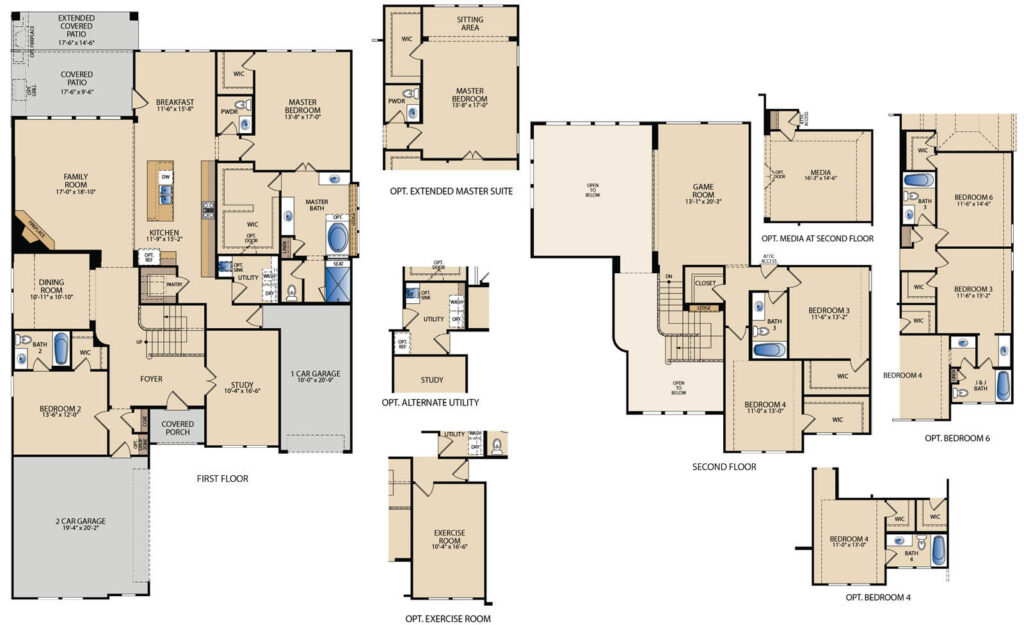Two‑story Bingham II floor plan by Pacesetter Homes showing four bedrooms, three and a half bathrooms, first‑floor primary suite, open kitchen with large island, breakfast area, study, covered patio, second‑floor game room, walk‑in closets, and three‑car garage with optional layouts.