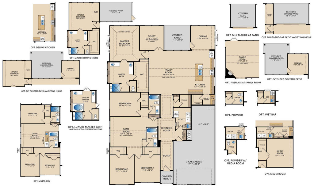 One‑story Brighton floor plan by Pacesetter Homes showing four bedrooms, three full bathrooms, open family room, kitchen with dining area, private study, covered patio, and a three‑car tandem garage with optional layouts.