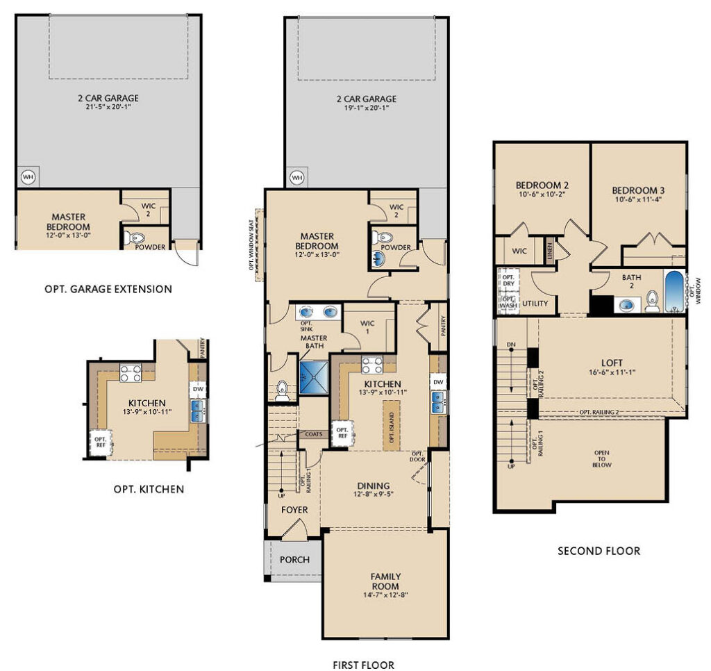 Bulverton floor plan by Pacesetter Homes showing a first floor with open family room, dining area, kitchen with optional island layout, first‑floor primary suite, and optional garage extension, plus a second floor with two secondary bedrooms, full bathroom, and spacious loft.