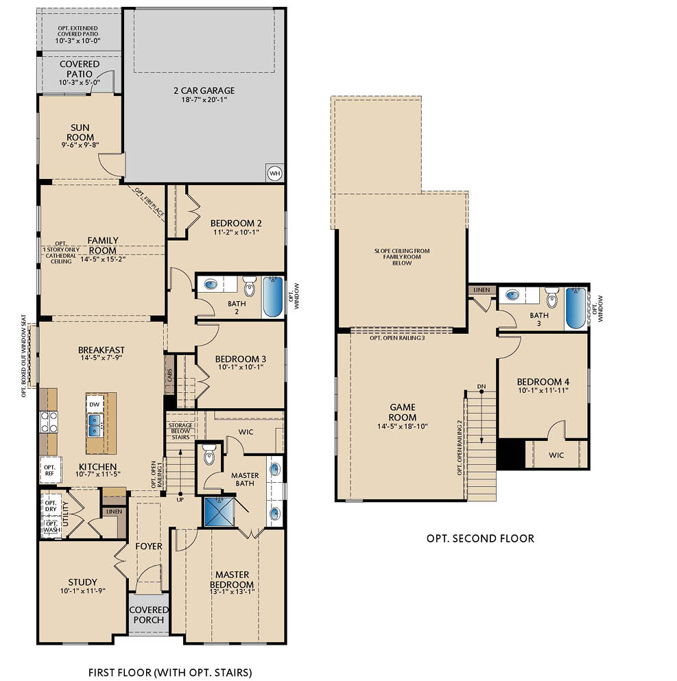 Campion floor plan by Pacesetter Homes showing a one‑story layout with three bedrooms, two bathrooms, private study, sunroom, open family room and kitchen, covered patio options, and optional second‑floor game room, fourth bedroom, and third bathroom.