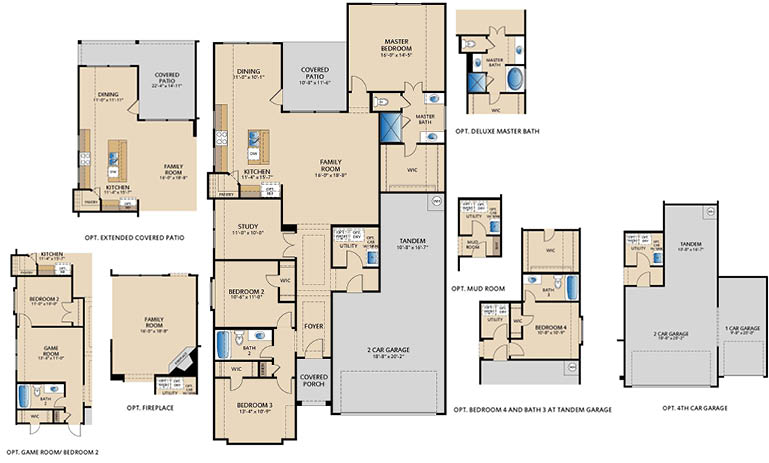 Coppell floor plan showing main layout and optional room, bath, patio, fireplace, and garage configurations.