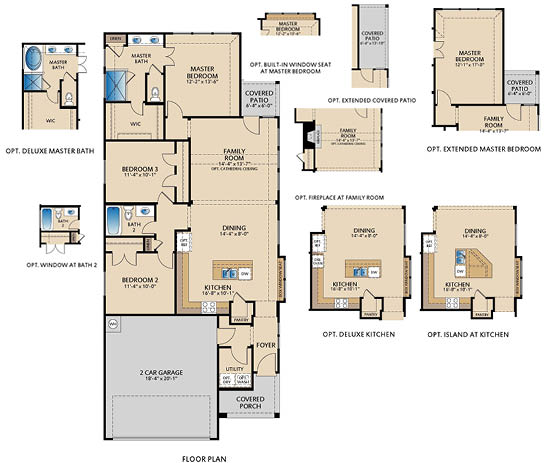 One‑story Corrigan floor plan by Pacesetter Homes showing three bedrooms, two bathrooms, open family room, kitchen and dining area, covered patio, primary suite with walk‑in closet, and optional deluxe kitchen, extended covered patio, fireplace, and upgraded primary bath layouts.