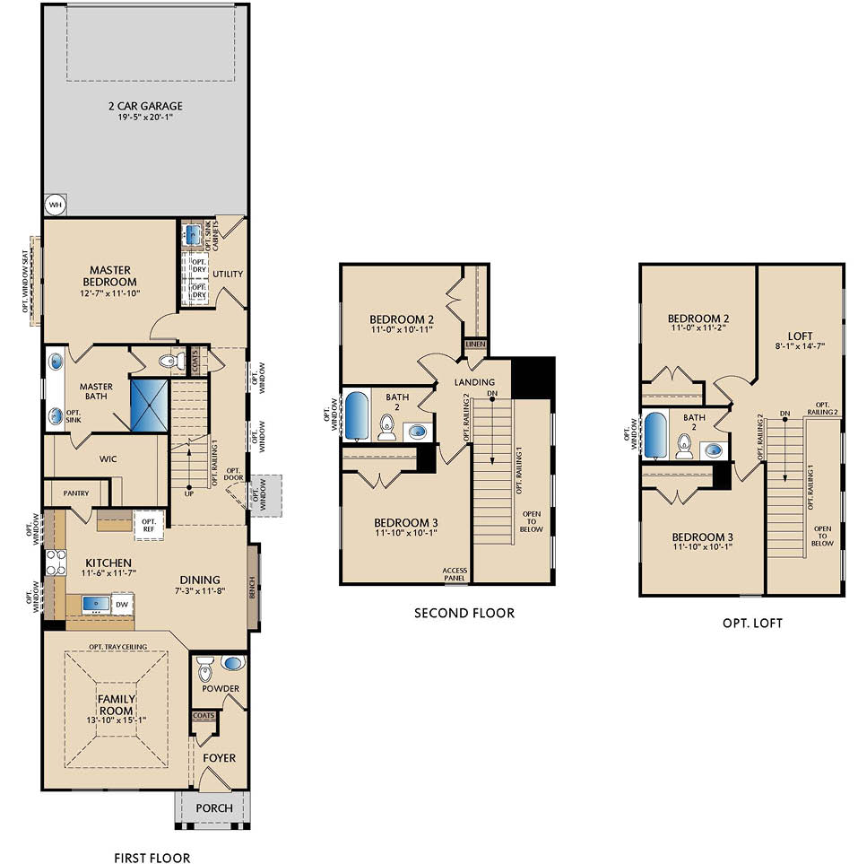 Eastholme floor plan by Pacesetter Homes showing a first floor with open family room, kitchen and dining area, primary bedroom with walk‑in closet, two secondary bedrooms, two bathrooms, powder room, and a two‑car garage, plus an optional second‑floor loft configuration with landing and additional flexible living space.