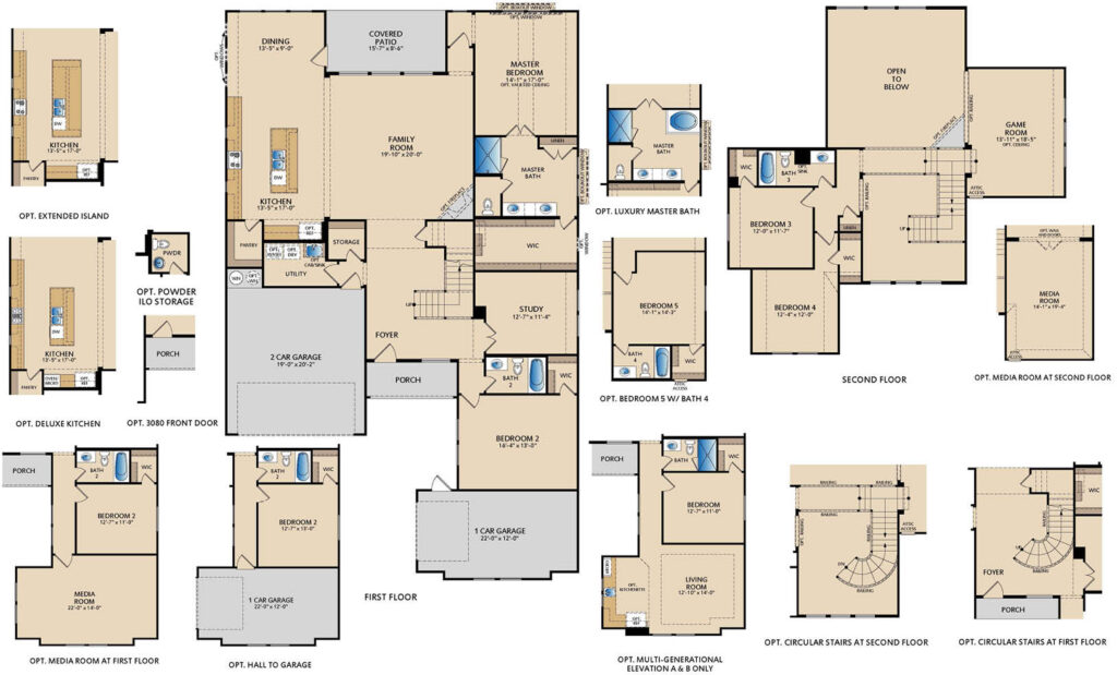Edgewood floor plan by Pacesetter Homes showing first‑ and second‑floor layouts with open kitchen and family room, dining area, private study, covered patio, primary suite with walk‑in closet, walk‑in closets in secondary bedrooms, second‑floor game room, and a 3rd car garage, plus optional deluxe kitchen, extended island, media room, powder room storage, multigenerational suite, and circular stair options.