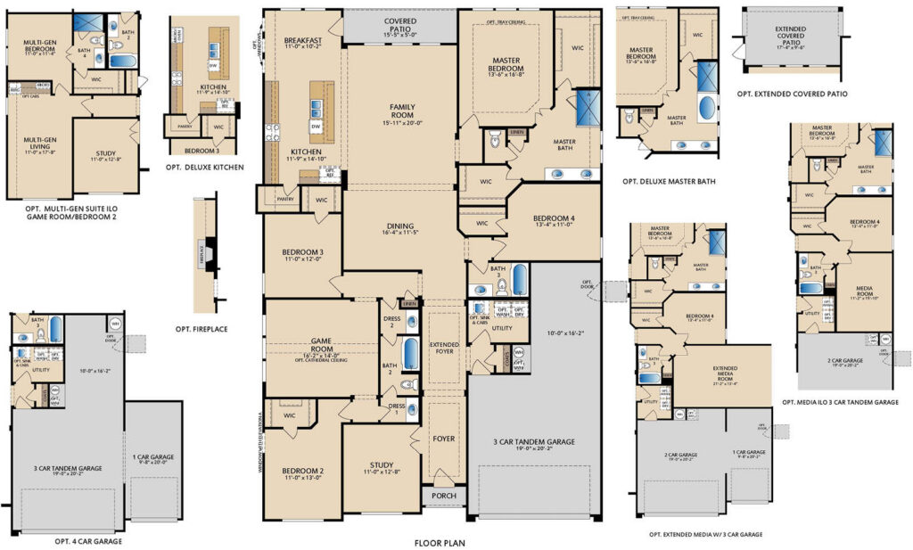 Fairhaven floor plan by Pacesetter Homes showing a single‑story layout with four bedrooms, three bathrooms, open kitchen, dining and family room, large island and walk‑in pantry, private study, game room, primary suite with dual vanities and two walk‑in closets, covered patio, and a three‑car tandem garage with optional kitchen, bath, and garage configurations.