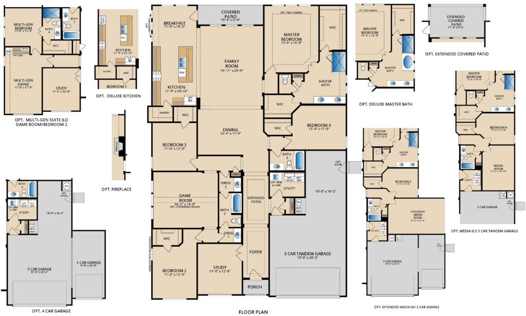 Fairhaven floor plan by Pacesetter Homes showing a single‑story layout with four bedrooms, three bathrooms, open kitchen, dining and family room, large island and walk‑in pantry, private study, game room, primary suite with dual vanities and two walk‑in closets, covered patio, and a three‑car tandem garage with optional kitchen, bath, and garage configurations.