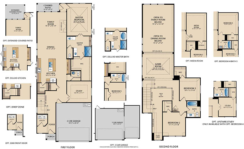 Fairmont floor plan by Pacesetter Homes showing first- and second-floor layouts with a first-floor primary bedroom and bath, open family room, kitchen and dining area, study, powder bath, covered patio, two-car garage, and an upstairs game room with secondary bedrooms, plus options for extended covered patio, deluxe kitchen, deluxe primary bath, media room, optional fourth bedroom and bath, optional upstairs study, and optional third-car garage.