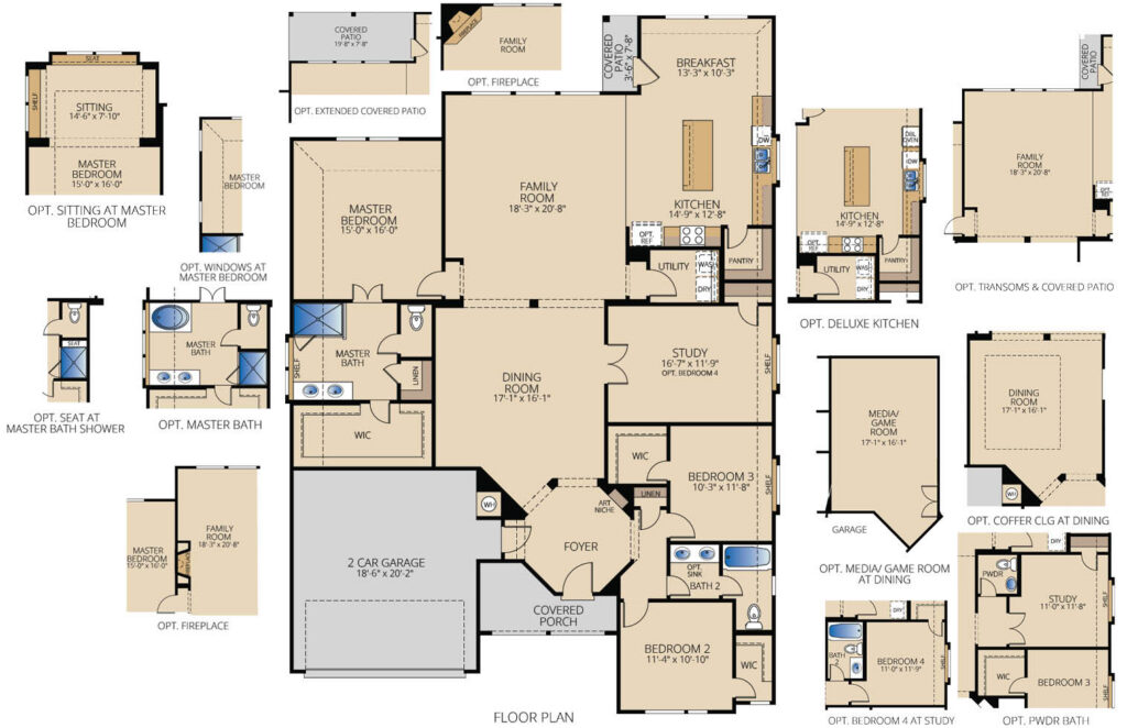Fairview I floor plan by Pacesetter Homes showing a one-story layout with three bedrooms, two bathrooms, open family room, kitchen with breakfast area, formal dining room, private study, covered front porch, covered patio, and a two-car garage, plus optional features including deluxe kitchen layouts, extended covered patio, optional fireplace, primary suite sitting area, optional primary bath shower seat, and flexible dining/game room configurations.