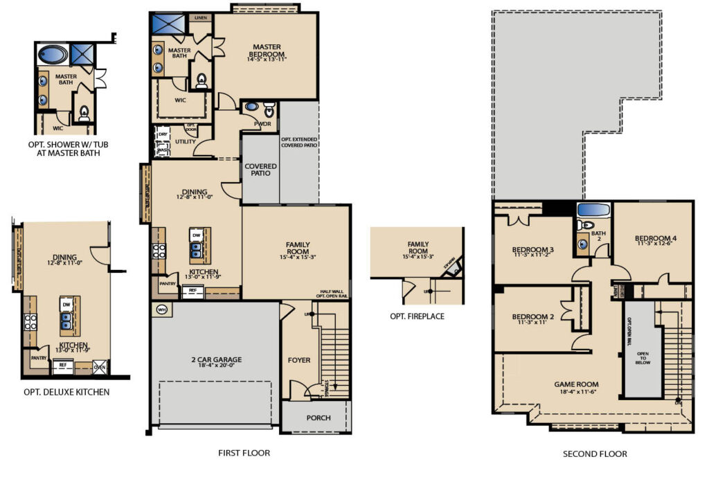 Fannin floor plan by Pacesetter Homes showing first- and second-floor layouts with open kitchen, dining, and family room, first-floor primary suite, two-car garage, and a second-floor game room with secondary bedrooms and bathrooms, plus optional deluxe kitchen layout, optional fireplace, and optional primary bath configuration.