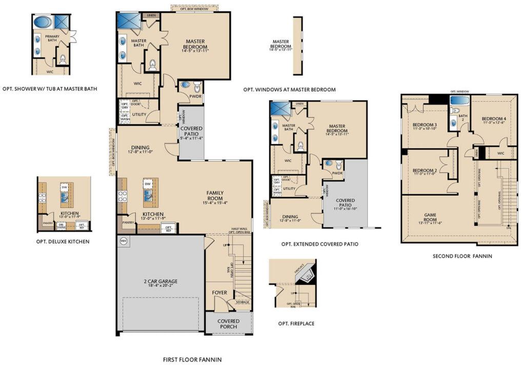 Fannin floor plan by Pacesetter Homes showing first- and second-floor layouts with open kitchen, dining, and family room, first-floor primary suite, two-car garage, and a second-floor game room with secondary bedrooms and bathrooms, plus optional deluxe kitchen layout, optional fireplace, and optional primary bath configuration.