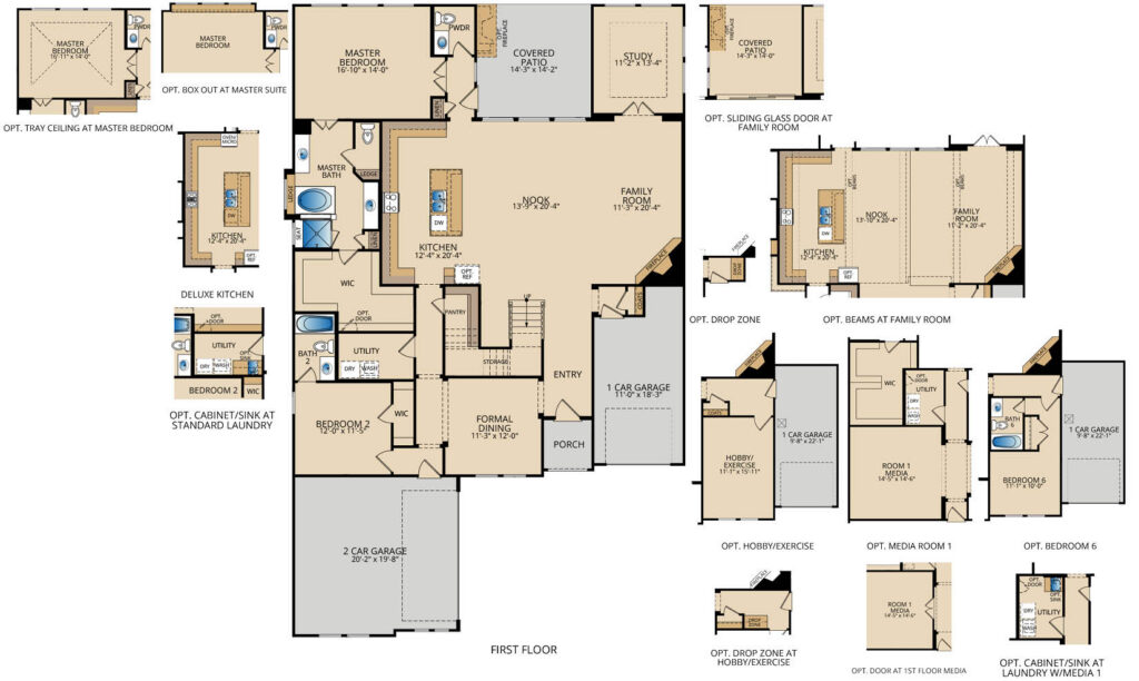 Complete Fawncrest II floor plan by Pacesetter Homes showing first‑ and second‑floor layouts with four bedrooms, four and a half bathrooms, open kitchen, dining and family room, formal dining area, private study, covered patio, walk‑in closets throughout, upstairs game room, media room options, storage areas, and a three‑car garage with multiple optional room and layout configurations.