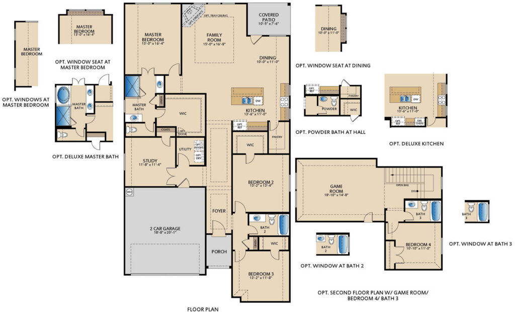 Frisco floor plan by Pacesetter Homes showing a one-story layout with primary bedroom and primary bath, open family room, kitchen with island and pantry, dining area, private study, utility room, Bedrooms 2 and 3 with a shared bathroom, covered patio, and a 2-car garage, plus optional features including deluxe primary bath, window seat at primary bedroom and dining, powder bath at hall, deluxe kitchen, and an optional second-floor plan with game room, Bedroom 4, and Bath 3.