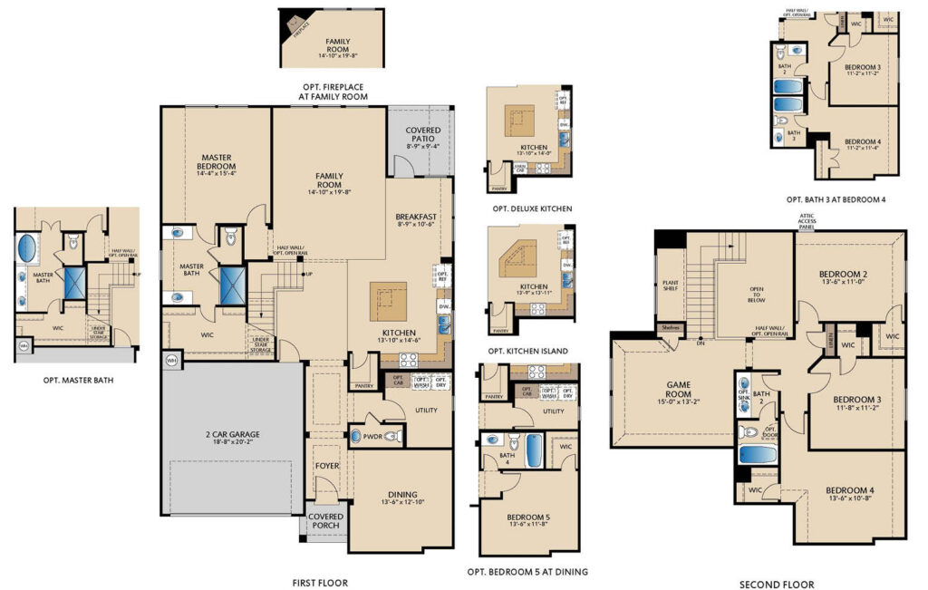 Garland floor plan by Pacesetter Homes showing first- and second-floor layouts with a first-floor primary bedroom and bath, open family room connected to kitchen and breakfast area, dining room, covered patio, powder bath, utility room, and a 3-car garage; second floor includes a game room and Bedrooms 2–4 with bathrooms and walk-in closets; option callouts include an optional fireplace at the family room, optional deluxe kitchen, optional kitchen island, optional primary bath layout, optional Bedroom 5 at the dining area, and an optional bath configuration at Bedroom 4.
