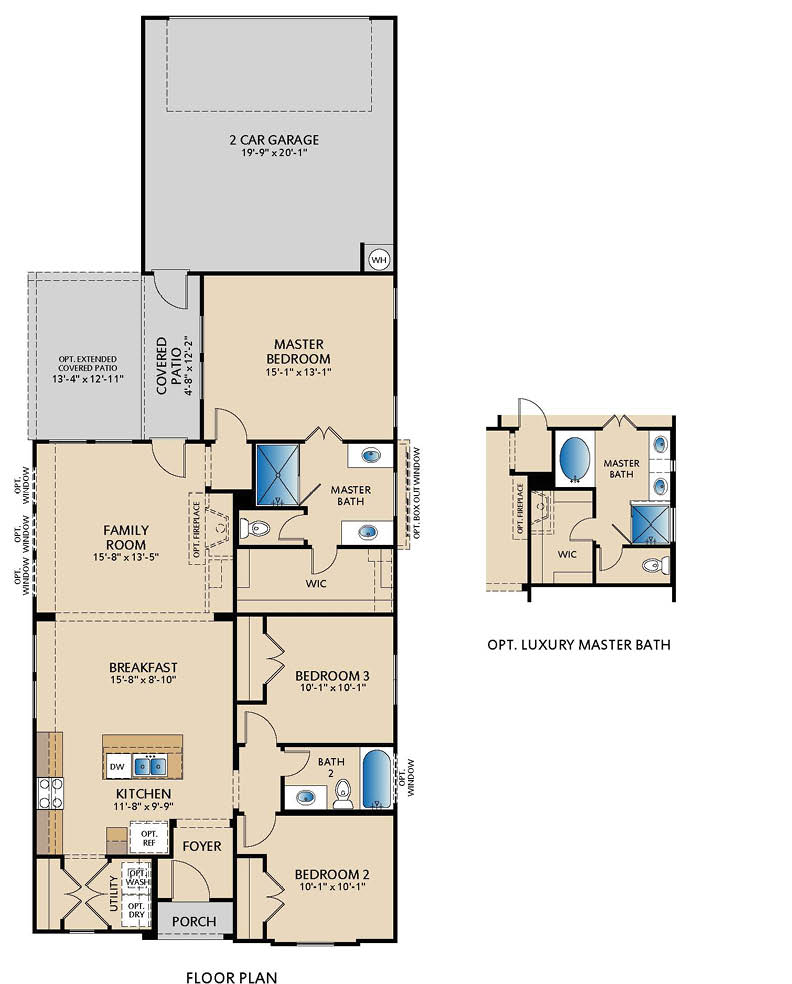 Granary floor plan by Pacesetter Homes showing a one-story home with a 2-car garage, covered patio with optional extended covered patio, open family room connected to kitchen and breakfast area, primary bedroom with walk-in closet and primary bath, Bedrooms 2 and 3 with a shared bathroom, front porch entry, and an optional luxury primary bath layout shown as a separate callout.