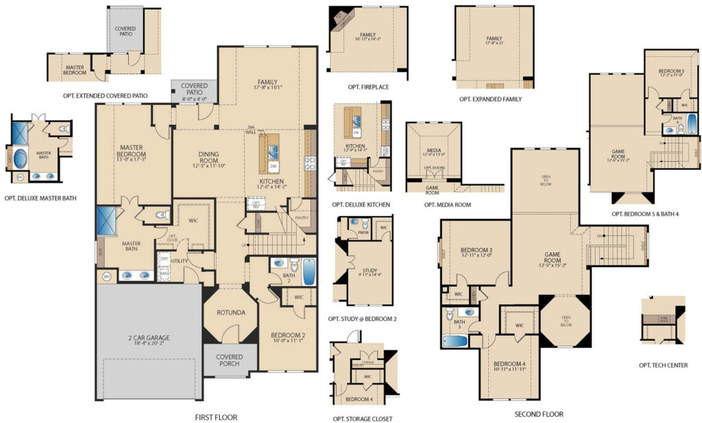 Grapevine floor plan by Pacesetter Homes showing first- and second-floor layouts with an open family room connected to kitchen and dining, first-floor primary bedroom suite, first-floor guest bedroom and full bath, covered patio with optional extended covered patio, two-car garage, and a second floor with game room and additional bedrooms and bathrooms; option callouts include optional deluxe primary bath, optional fireplace, optional expanded family room, optional deluxe kitchen, optional media room, optional study as Bedroom 2, optional storage closet, optional Bedroom 5 with Bath 4, and optional tech center.