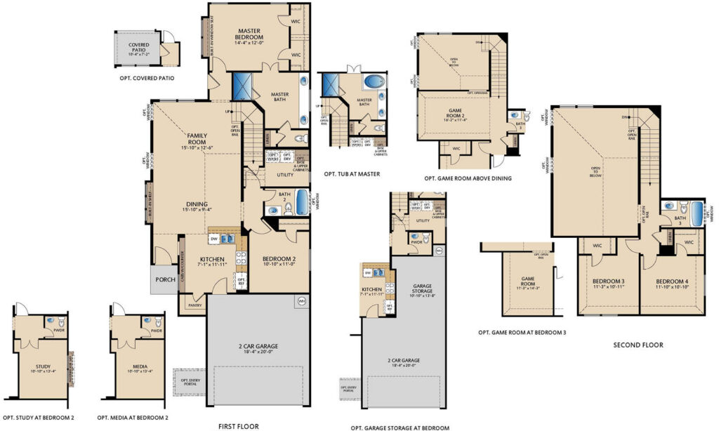 Harlow floor plan by Pacesetter Homes showing first- and second-floor layouts with an open family room and dining area, kitchen, primary bedroom with dual walk-in closets, Bedrooms 2–4, a 2-car garage, and an upstairs game room; option callouts include an optional covered patio, optional tub at primary bath, optional game room above dining, optional game room at Bedroom 3, optional study at Bedroom 2, optional media at Bedroom 2, and optional garage storage at Bedroom 3.