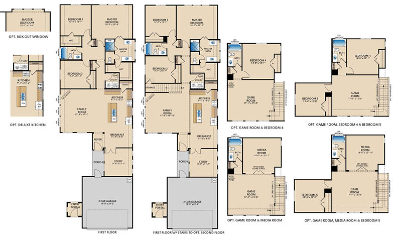 Harwood floor plan showing first-floor layout, optional second floor, game room, media room, and bedroom configurations.