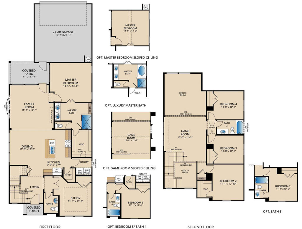 Highfield floor plan by Pacesetter Homes showing first- and second-floor layouts with a first-floor primary bedroom and bath, open family room, kitchen and dining area, private study, covered patio, covered front porch, two-car garage, and a second-floor game room with Bedrooms 2–4 and a full bath; option callouts include optional primary bedroom sloped ceiling, optional luxury primary bath, optional game room sloped ceiling, optional Bedroom 5 with Bath 4, and an optional Bath 3 configuration.