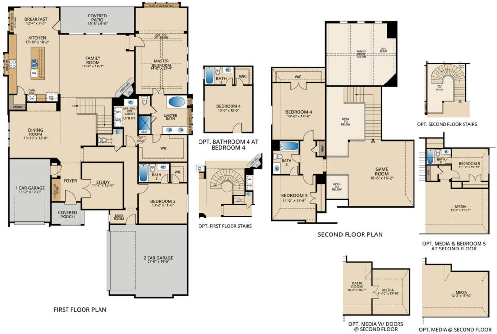 Larue floor plan by Pacesetter Homes showing first‑ and second‑floor layouts with open kitchen, family room, and dining area, first‑floor study, covered patio, primary suite with walk‑in closet and en‑suite bath, additional bedrooms, an upstairs game room, and a three‑car garage; option callouts include alternate stair designs, optional bathroom at Bedroom 4, and optional second‑floor media room and fifth bedroom layouts.