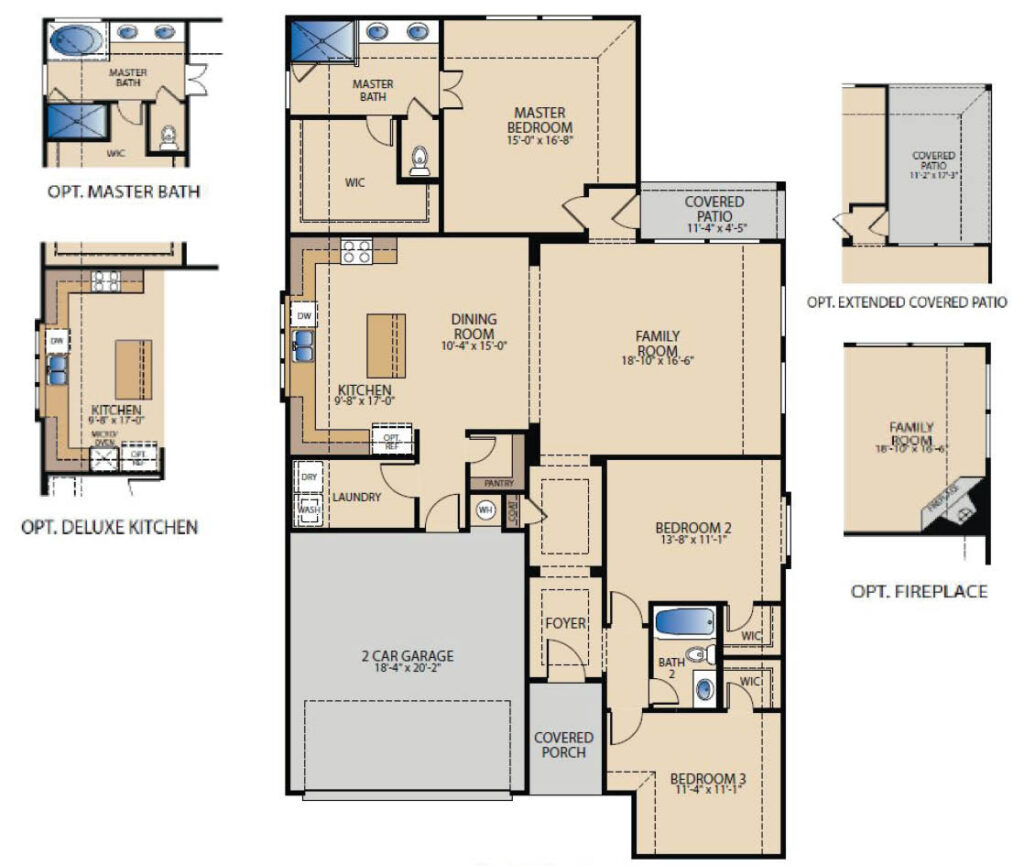 McKinney one‑story floor plan with 3 bedrooms, 2 bathrooms, open‑concept family room, dining area, kitchen, covered patio, and optional deluxe kitchen and fireplace layouts