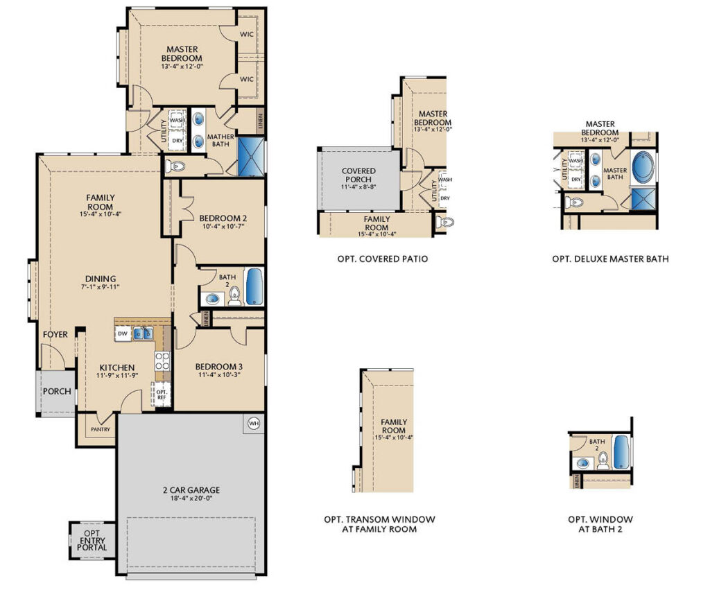 Melrose one‑story floor plan with 3 bedrooms, 2 bathrooms, open family room, kitchen, dining area, covered porch, and optional deluxe master bath and patio features