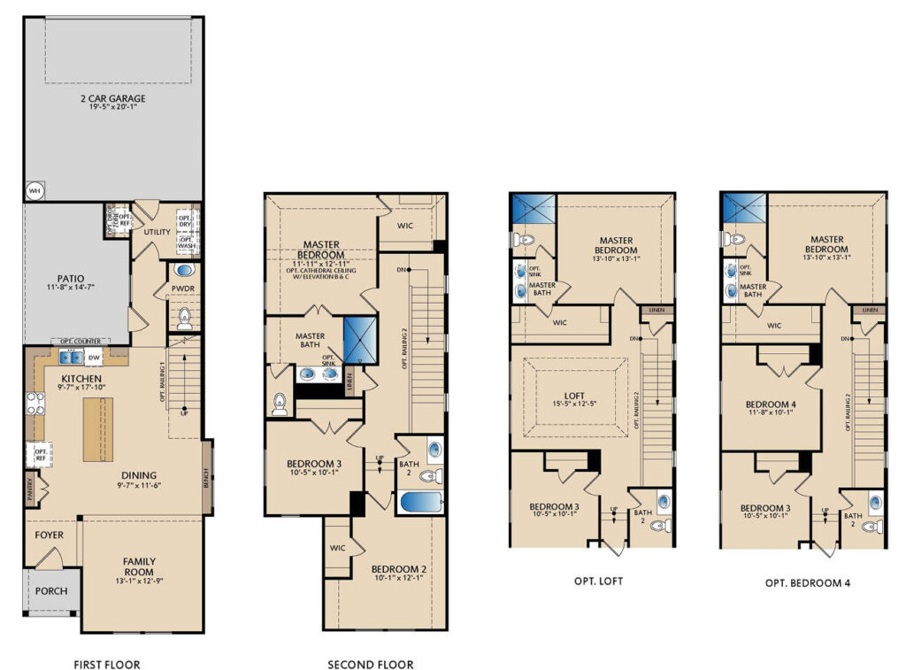 Millfield floor plan with first and second floor layouts featuring 3 bedrooms, 2.5 bathrooms, open‑concept living, dining with built‑in bench, patio, and optional loft or fourth bedroom
