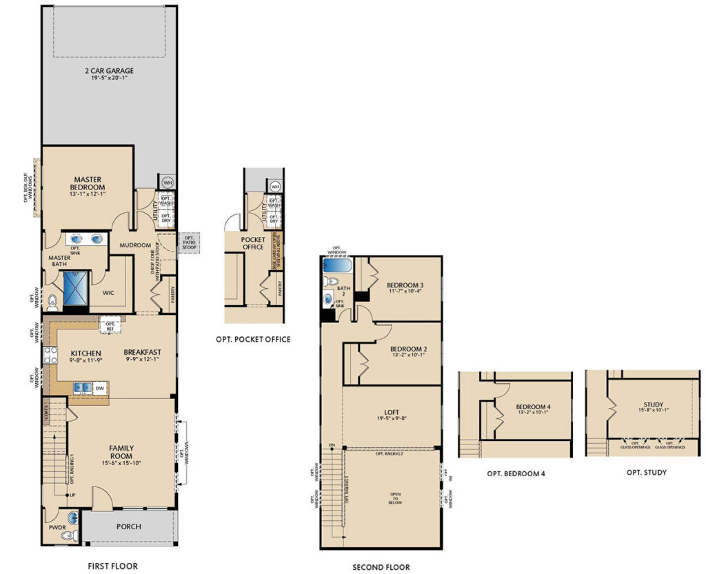 Newland two‑story floor plan with 3 bedrooms, 2.5 bathrooms, open first‑floor living, kitchen and breakfast area, covered porch, upstairs loft, and optional pocket office, bedroom, or study