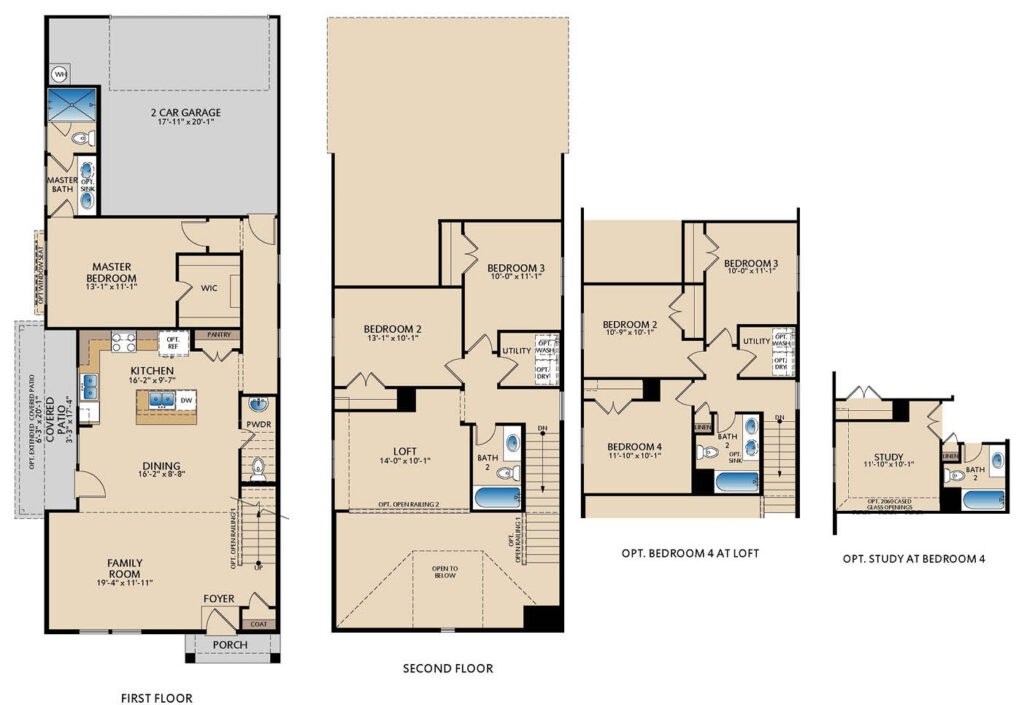 Overdale two‑story floor plan with 3 bedrooms, 2.5 bathrooms, open‑concept family room, kitchen and dining area, covered patio, upstairs loft, and optional fourth bedroom or study configurations