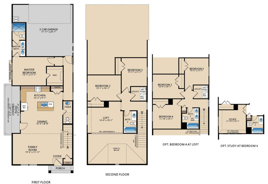 Overdale two‑story floor plan with 3 bedrooms, 2.5 bathrooms, open‑concept family room, kitchen and dining area, covered patio, upstairs loft, and optional fourth bedroom or study configurations