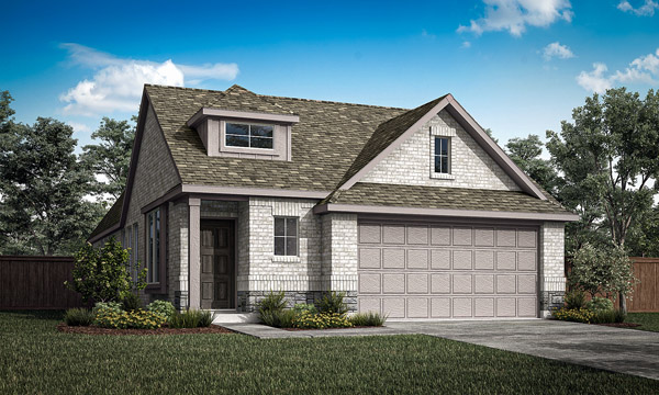 Palmetto Elevation C Masonry. Palmetto one‑story floor plan with 3 bedrooms, 2 bathrooms, open family room, kitchen with island and breakfast area, private retreat space, covered patio, and optional study, deluxe kitchen, or additional bedroom layouts