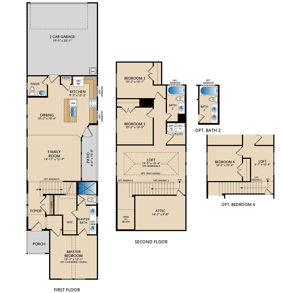 Primrose two‑story floor plan with 3 bedrooms, 2.5 bathrooms, open family room, kitchen and dining area, covered patio, upstairs loft, and optional fourth bedroom or additional bathroom layout
