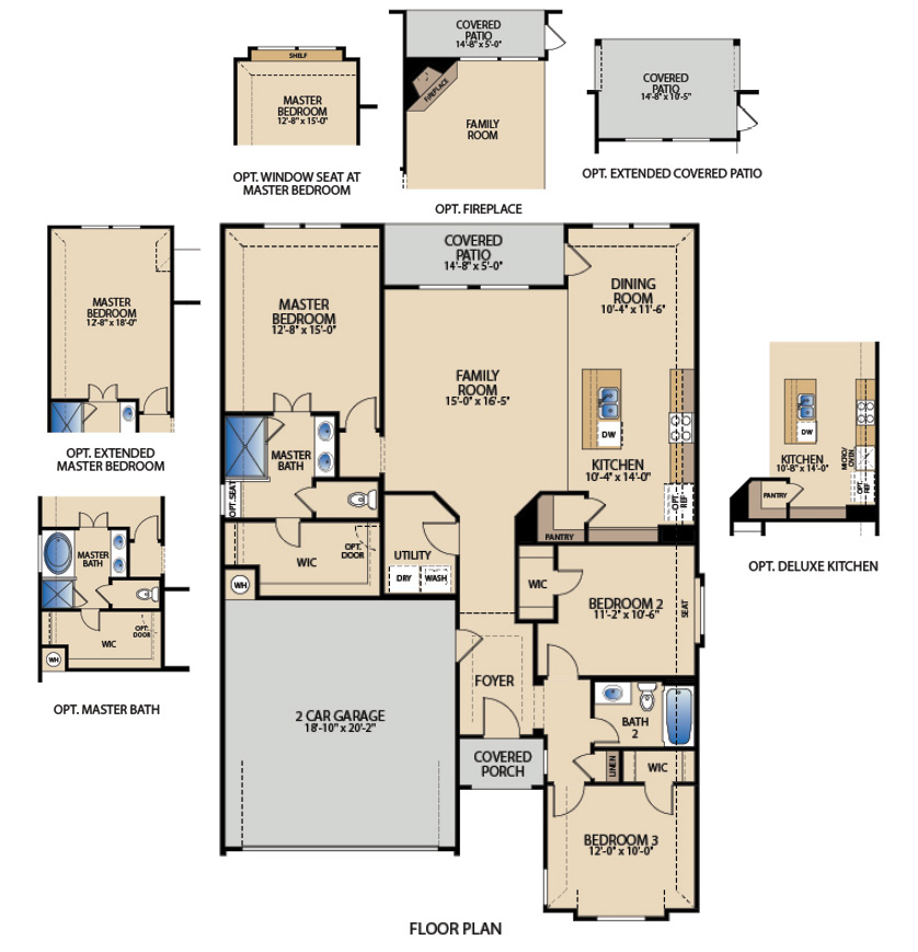 Prosper one‑story floor plan with 3 bedrooms, 2 bathrooms, open family room, kitchen and dining area, covered patio, private primary suite, and optional fireplace, extended patio, and deluxe kitchen layouts